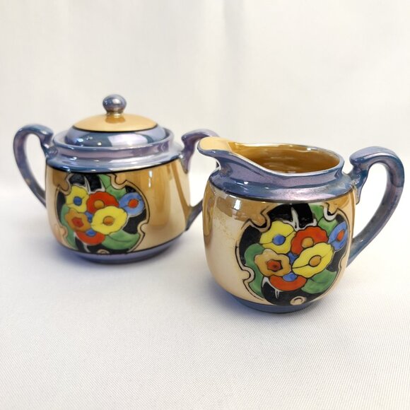 Japanese Vintage Lusterware Sugar & Creamer Set Iridescent Purple Glaze - Picture 8 of 10